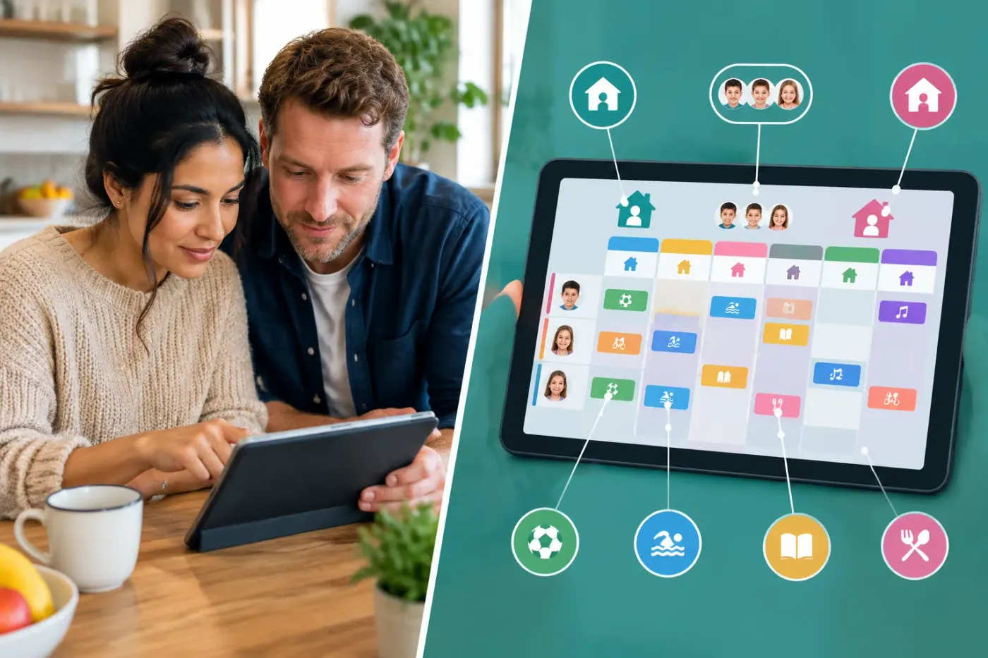 Twee ouders bekijken samen een weekagenda op een tablet aan het keukenaanrecht
