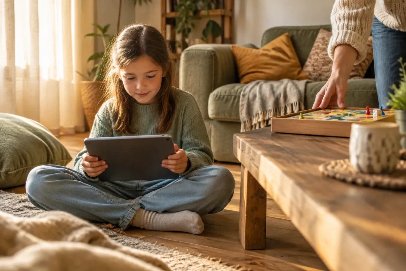 Kind zit met een tablet op de houten vloer terwijl een ouder een bordspel op de salontafel legt