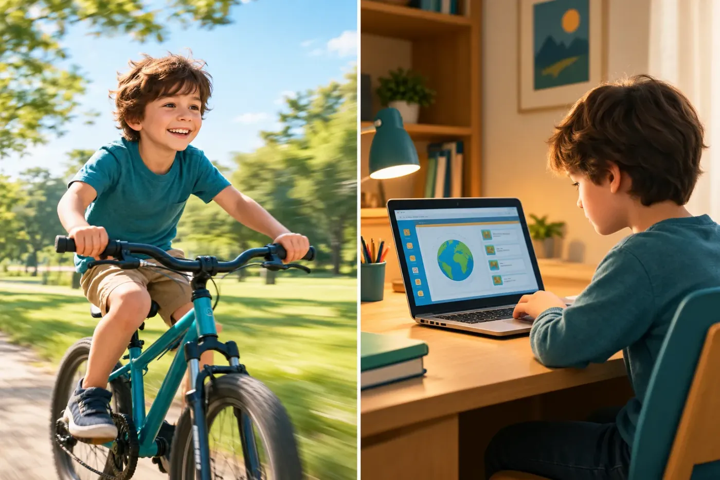 Links fietst een jongen lachend door een zonnig park, rechts zit hij aan een bureau achter een laptop