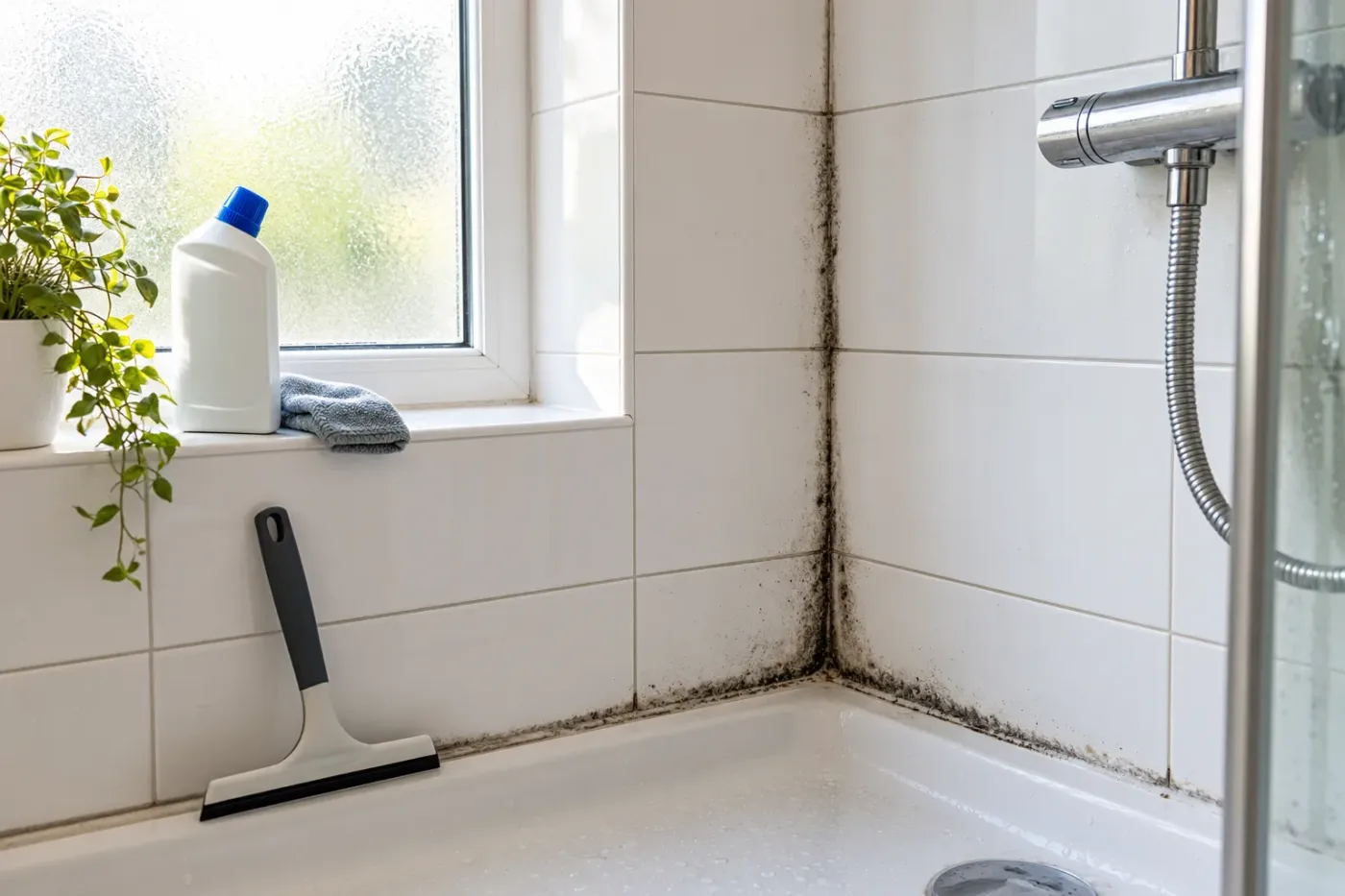 Zwarte schimmel in de voegen van een witte douchehoek, met een wisser tegen de muur