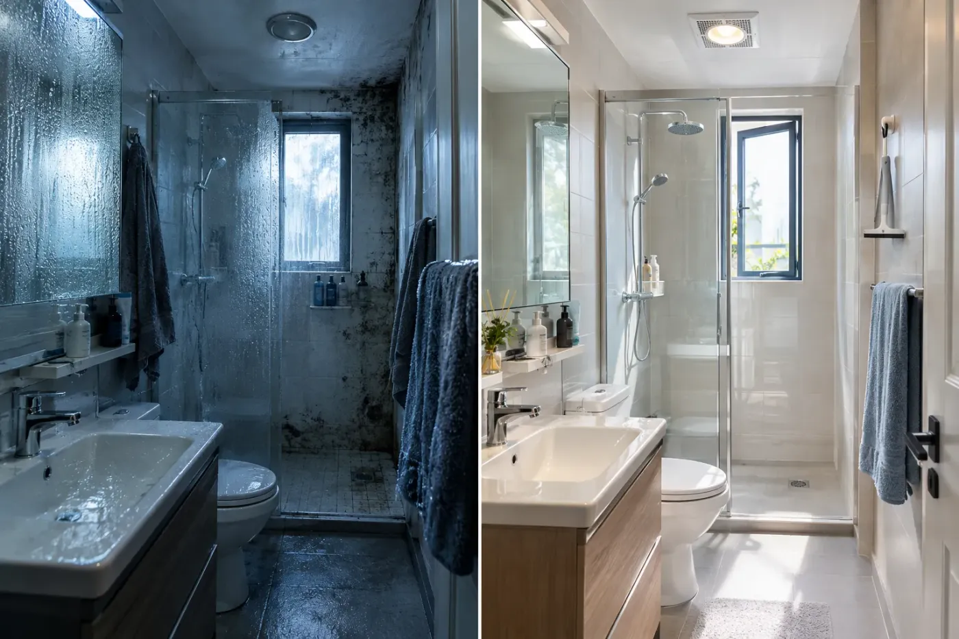Badkamer voor en na: beslagen spiegel, natte handdoeken en schimmel links, droog en licht rechts