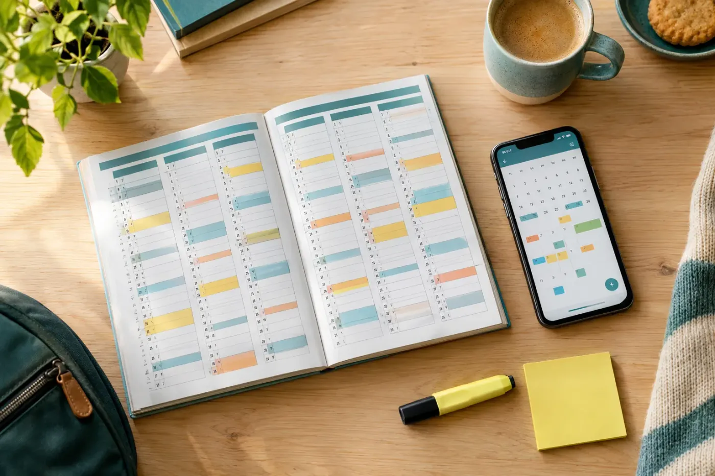 Papieren schoolkalender naast een telefoon met een agenda-app op de keukentafel