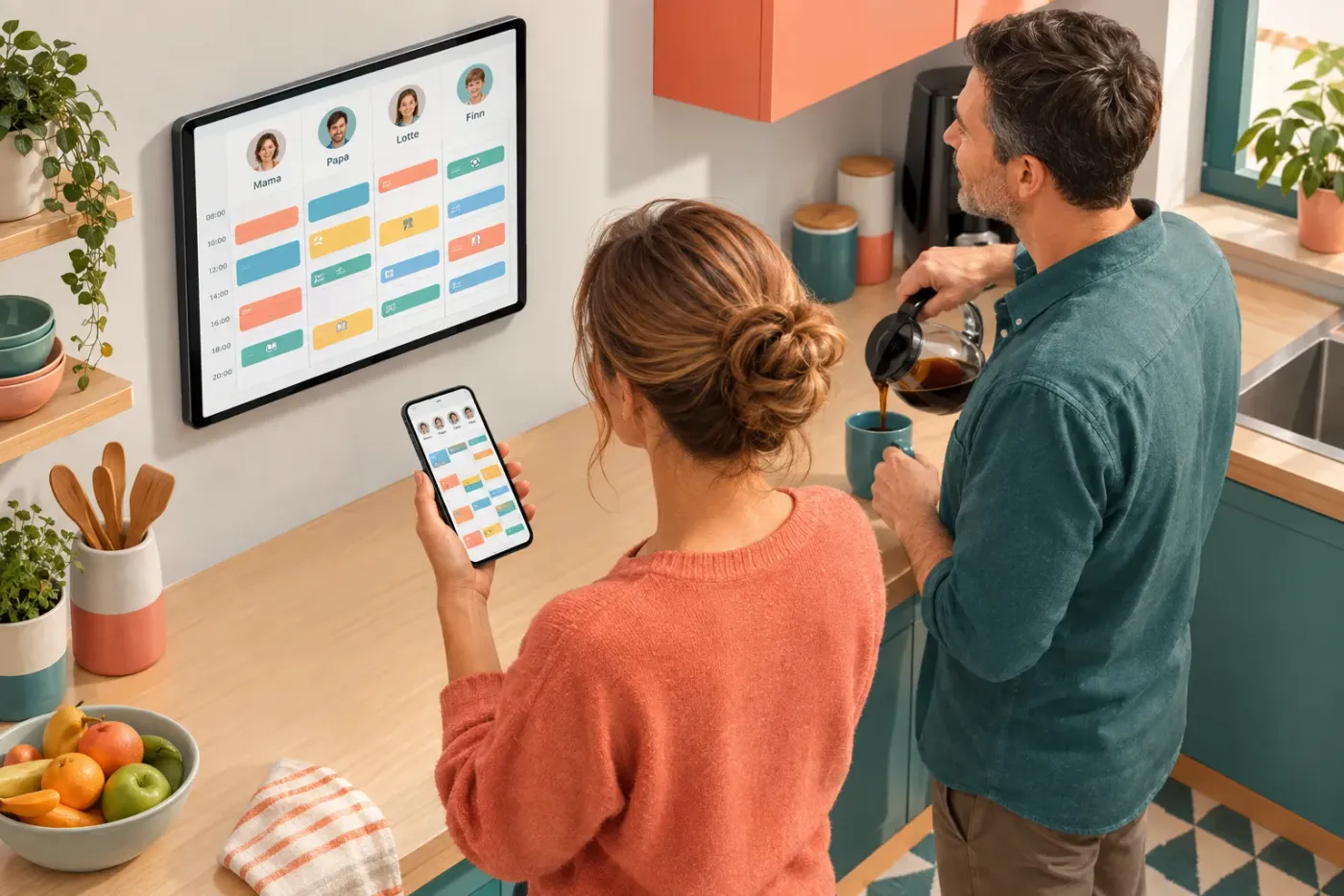 Ouders kijken in de keuken naar een tablet aan de muur met de agenda van het gezin