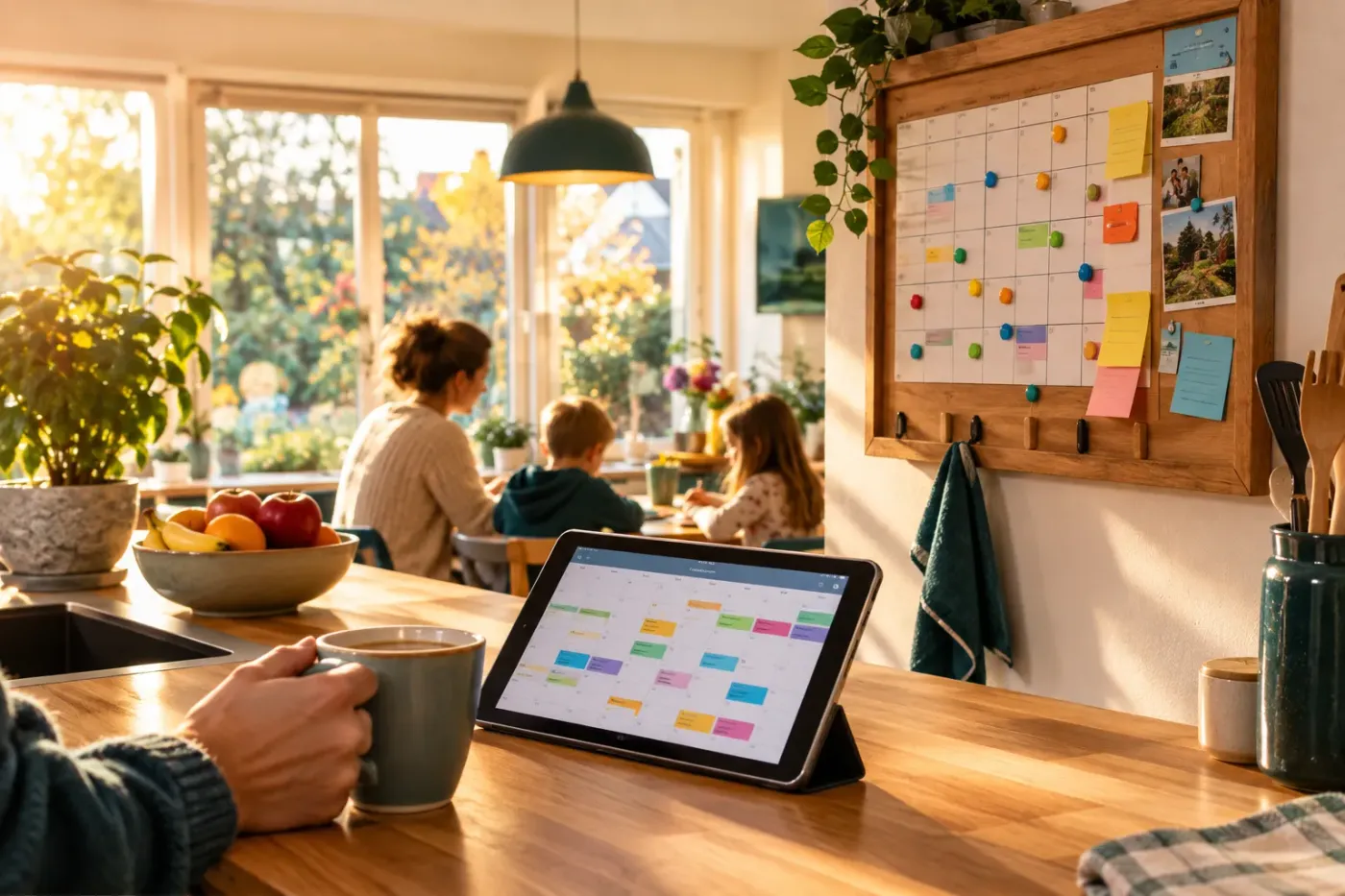 Zonnige gezinskeuken met een wandkalender vol gekleurde notities, een tablet met maandoverzicht op het aanrecht en een ouder met een kop koffie