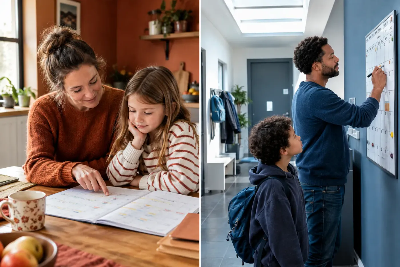 Links bekijken een moeder en dochter samen een papieren schoolkalender aan de keukentafel, rechts noteert een vader datums op een planbord in de gang terwijl zijn zoon toekijkt