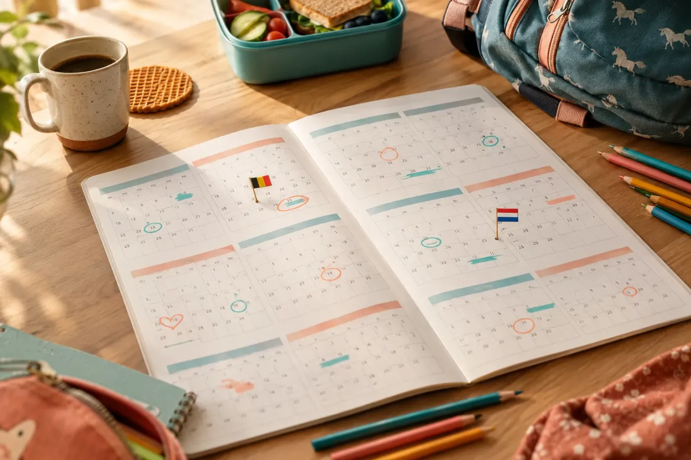 Opengeslagen papieren jaarkalender op een houten keukentafel met kleurpotloden, een koffiemok, een brooddoos en een Belgisch en een Nederlands vlaggetje op verschillende weken
