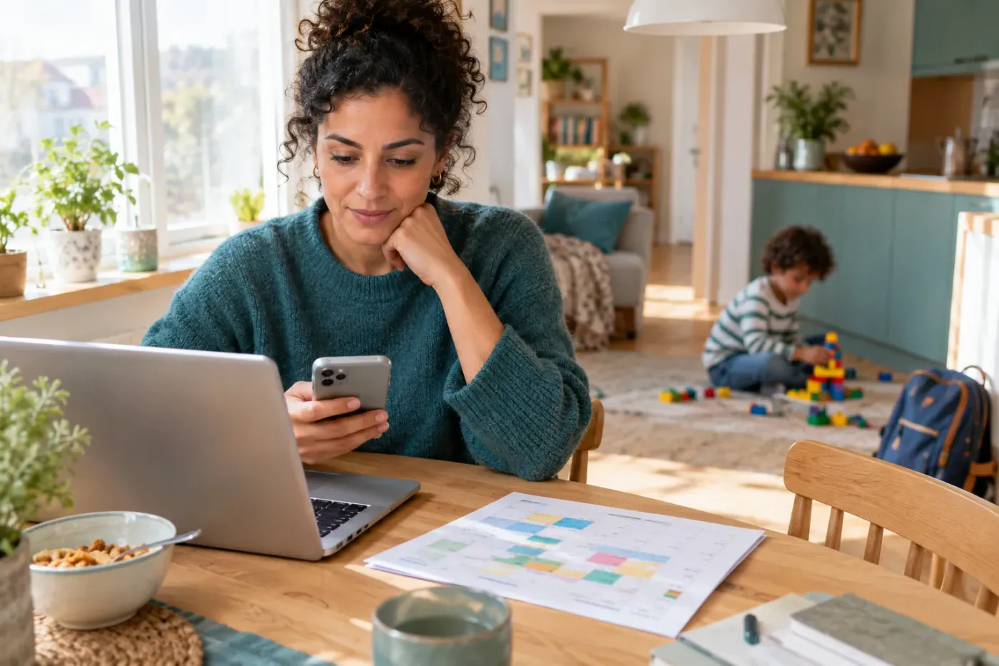 Moeder aan de keukentafel met haar telefoon en een laptop, een geprint schoolrooster naast zich, terwijl haar zoon op de achtergrond met blokken speelt