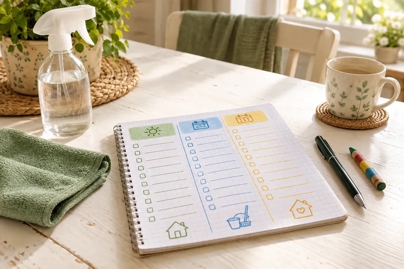 Opengeslagen schrift met een leeg afvinkschema op een keukentafel, naast een sprayflesje, een groene doek en een waskrijtje