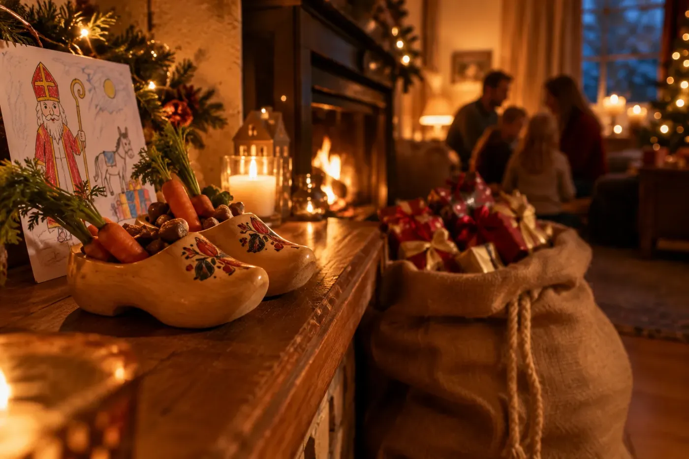 Kinderschoen bij de haard op een winteravond
