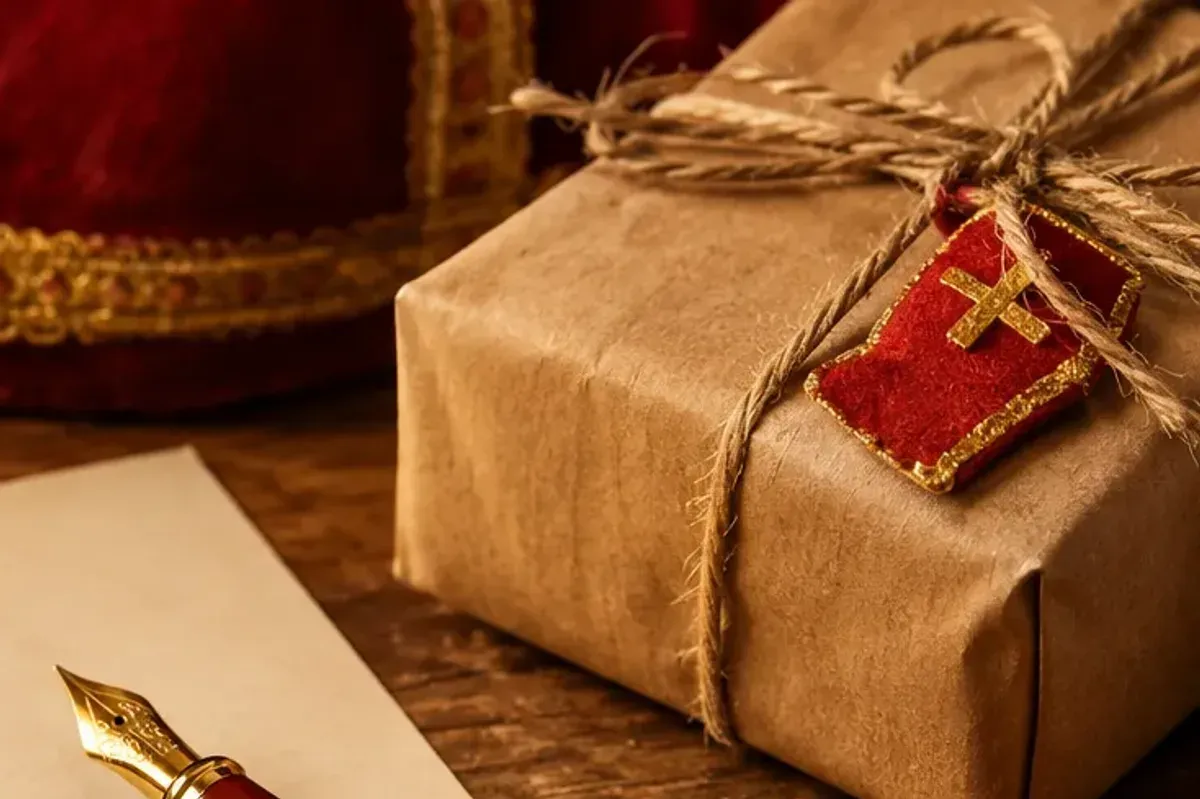 Ingepakte surprise in bruin papier met touw en een rood label met een gouden kruis, naast een vulpen en de mijter van Sinterklaas