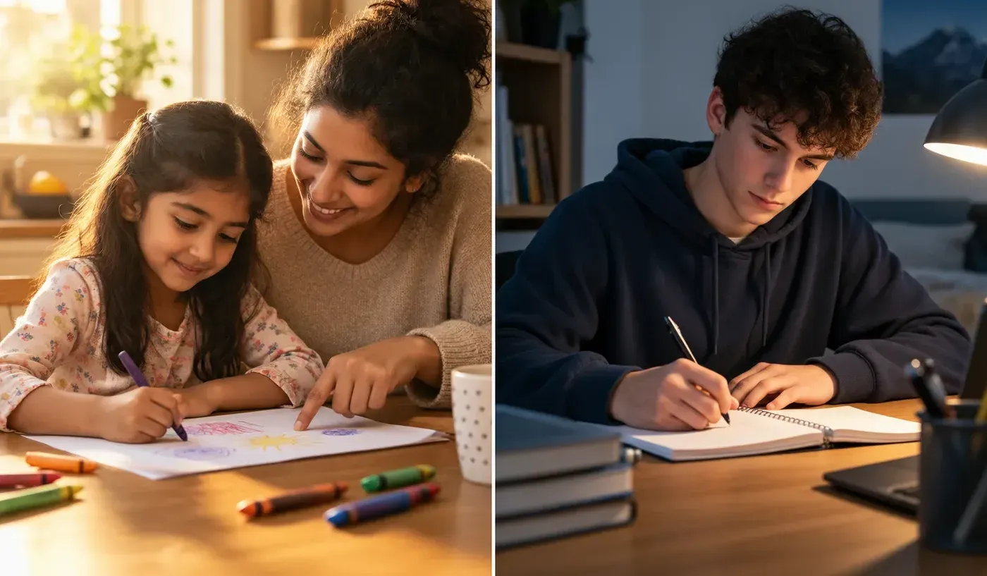 Moeder helpt haar dochter met tekenen aan de keukentafel, en een tiener schrijft ’s avonds alleen aan zijn bureau