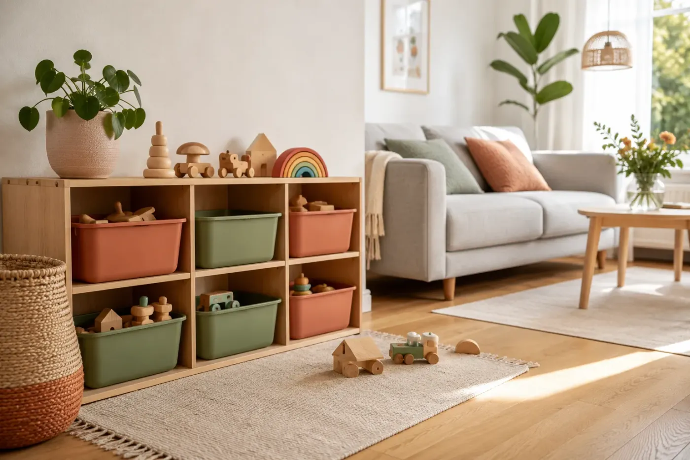 Lage houten kast met gekleurde speelgoedbakken en houten speelgoed in een lichte woonkamer