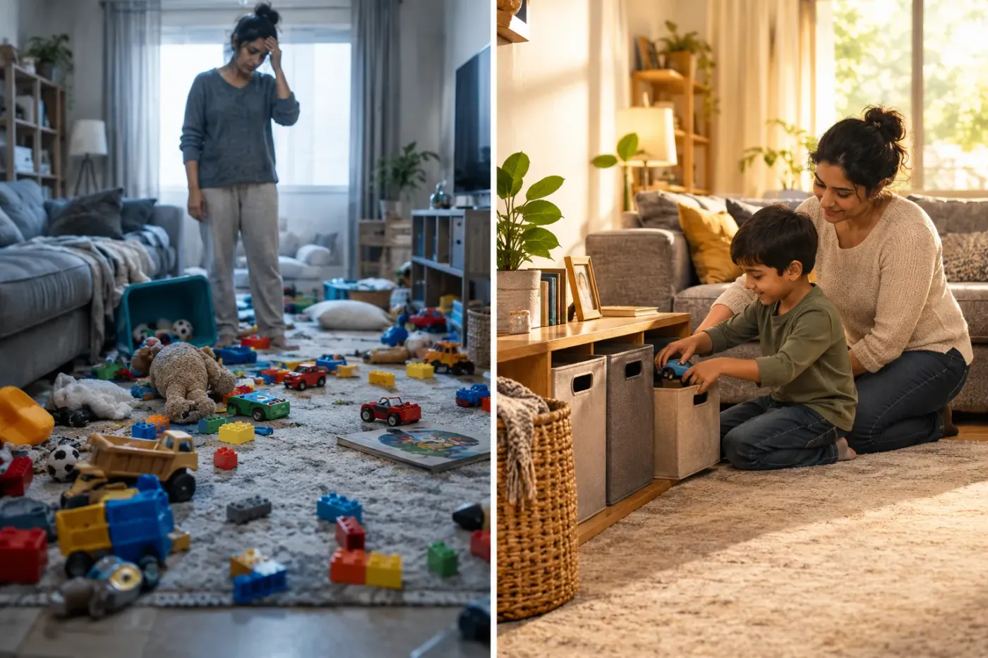 Links een woonkamer vol speelgoed, rechts moeder en zoon die samen speelgoed in lage bakken opruimen
