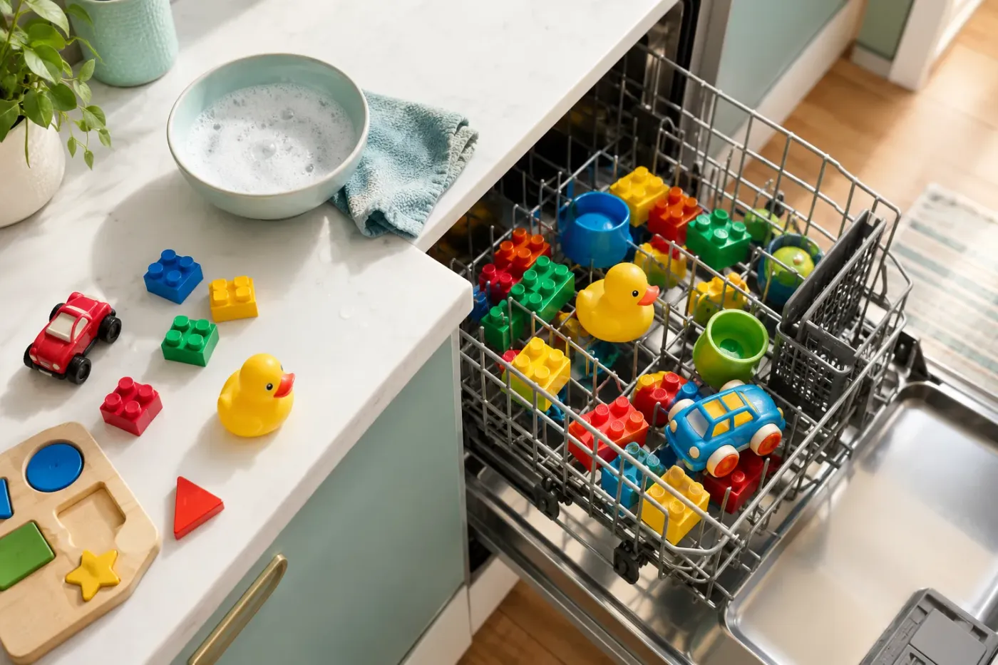 Plastic blokken, een badeend en speelgoedauto's in het bovenste rek van een open vaatwasser, met een houten puzzel apart op het aanrecht