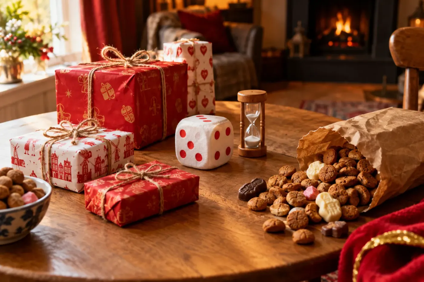 Ingepakte sinterklaascadeaus, een witte dobbelsteen met rode ogen, een zandloper en pepernoten op een houten tafel bij de open haard