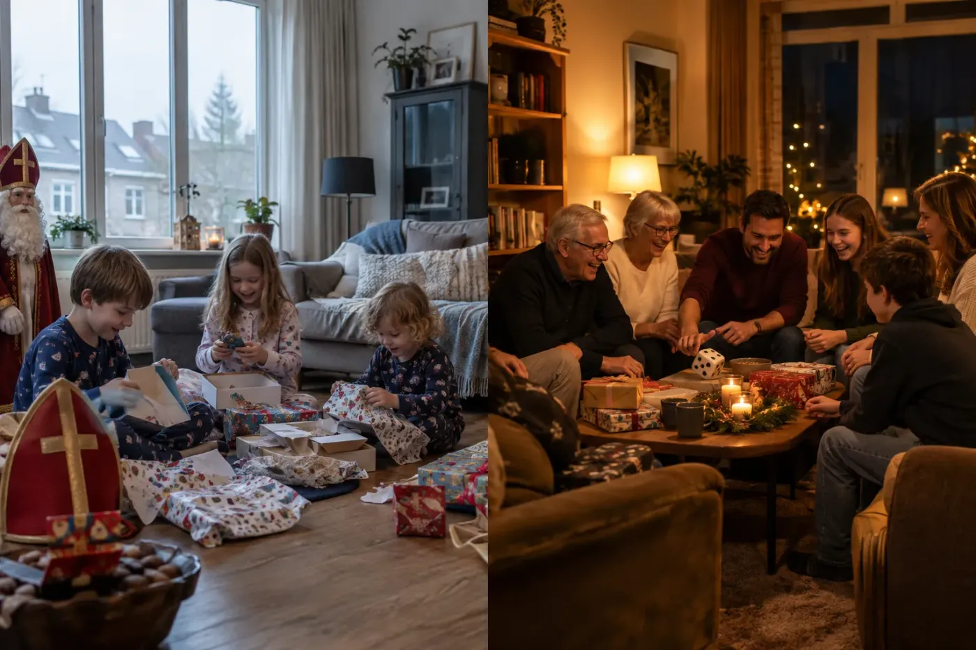 Links pakken kinderen in pyjama op een ochtend hun cadeaus uit naast een sinterklaasmijter, rechts speelt een familie op een avond een dobbelspel met pakjes rond de salontafel