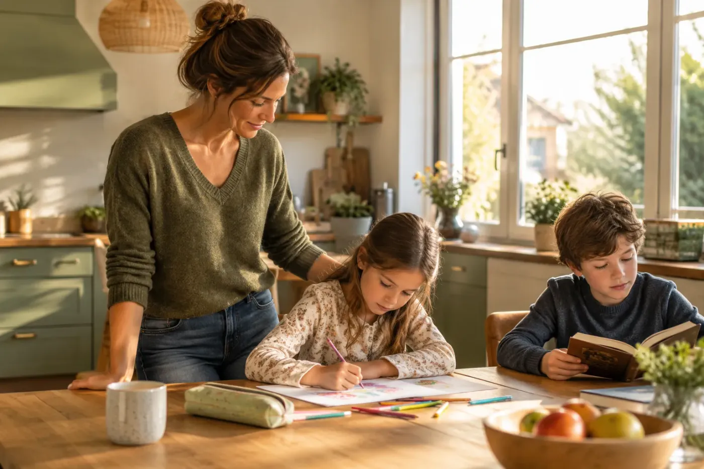 Vrouw staat aan de keukentafel bij een tekenend meisje, terwijl een jongen ernaast een boek leest in het ochtendlicht