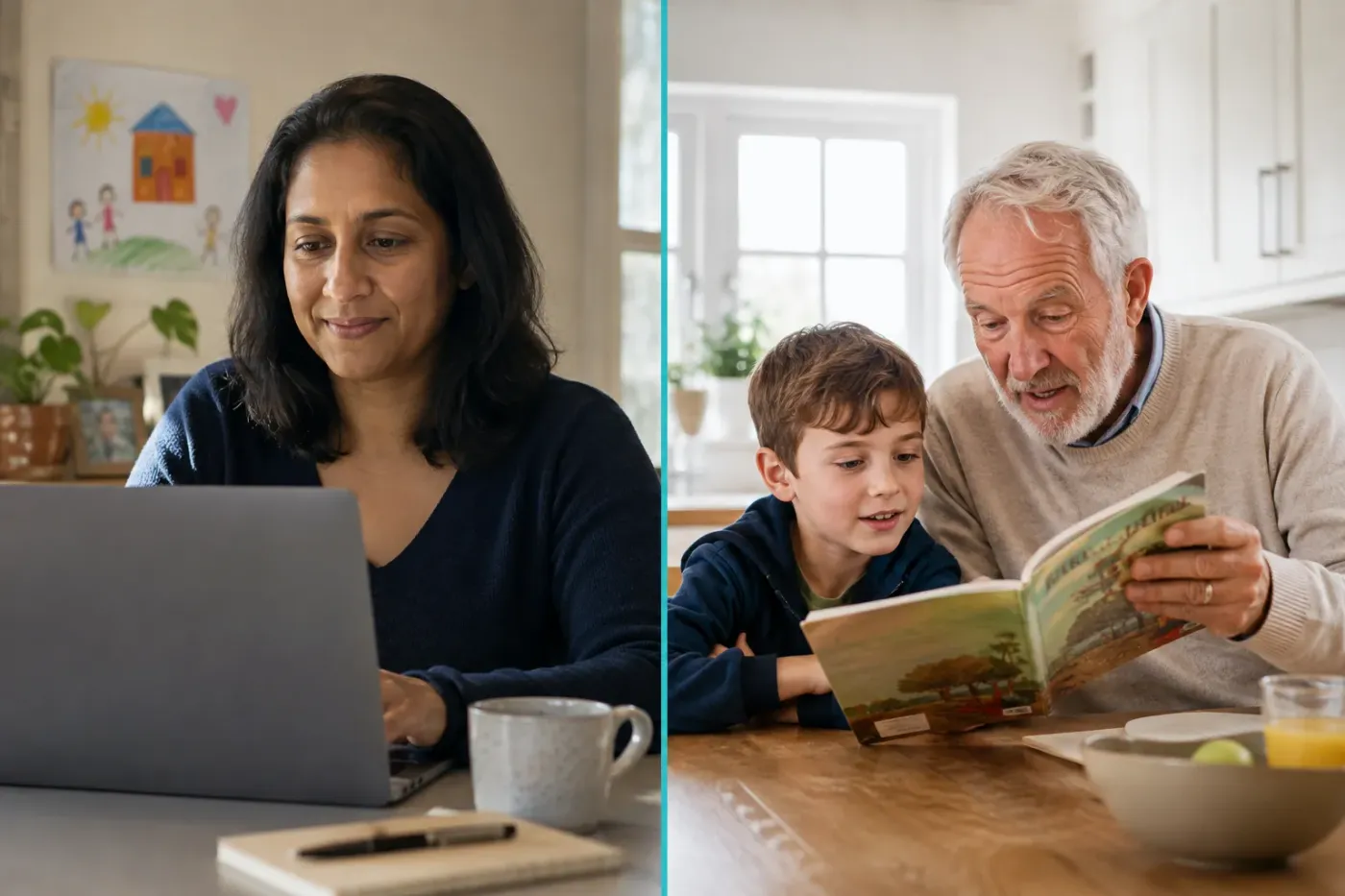 Moeder werkt thuis aan haar laptop terwijl opa met een kind een prentenboek leest aan de keukentafel