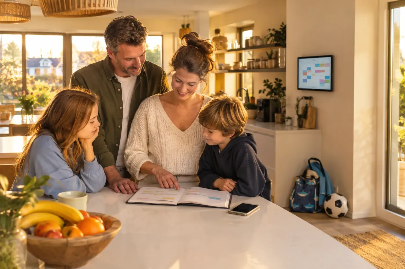 Ouders en twee kinderen bekijken samen een planner aan het keukeneiland, met een tablet met een gezinsagenda aan de muur
