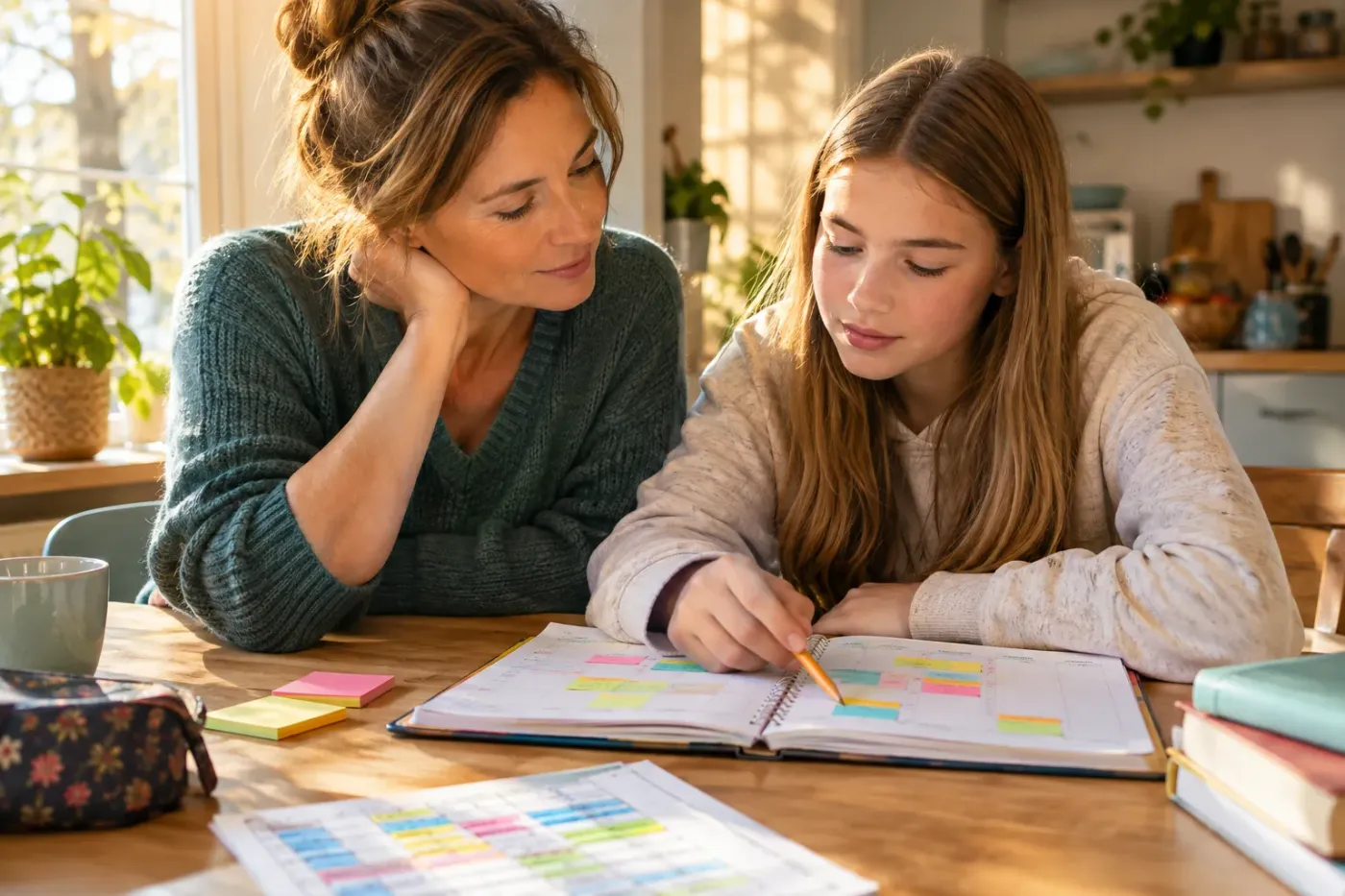 Ouder en tiener aan de keukentafel wijzen samen een dag aan in een papieren weekplanner met gekleurde plakbriefjes