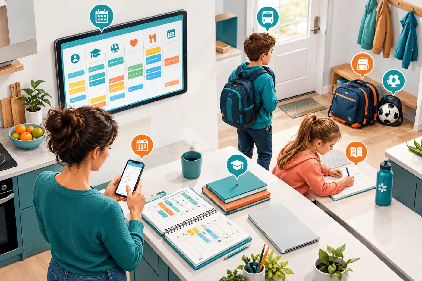 Illustratie van een gezinskeuken met een weekplanning op een tablet aan de muur, een ouder met de agenda op de telefoon en kinderen met schooltassen