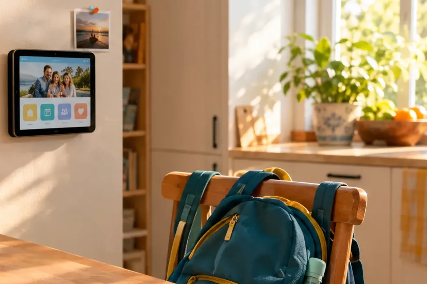 Keuken met een tablet aan de muur, een foto van een vakantie en een schoolrugzak over een stoel in het zonlicht