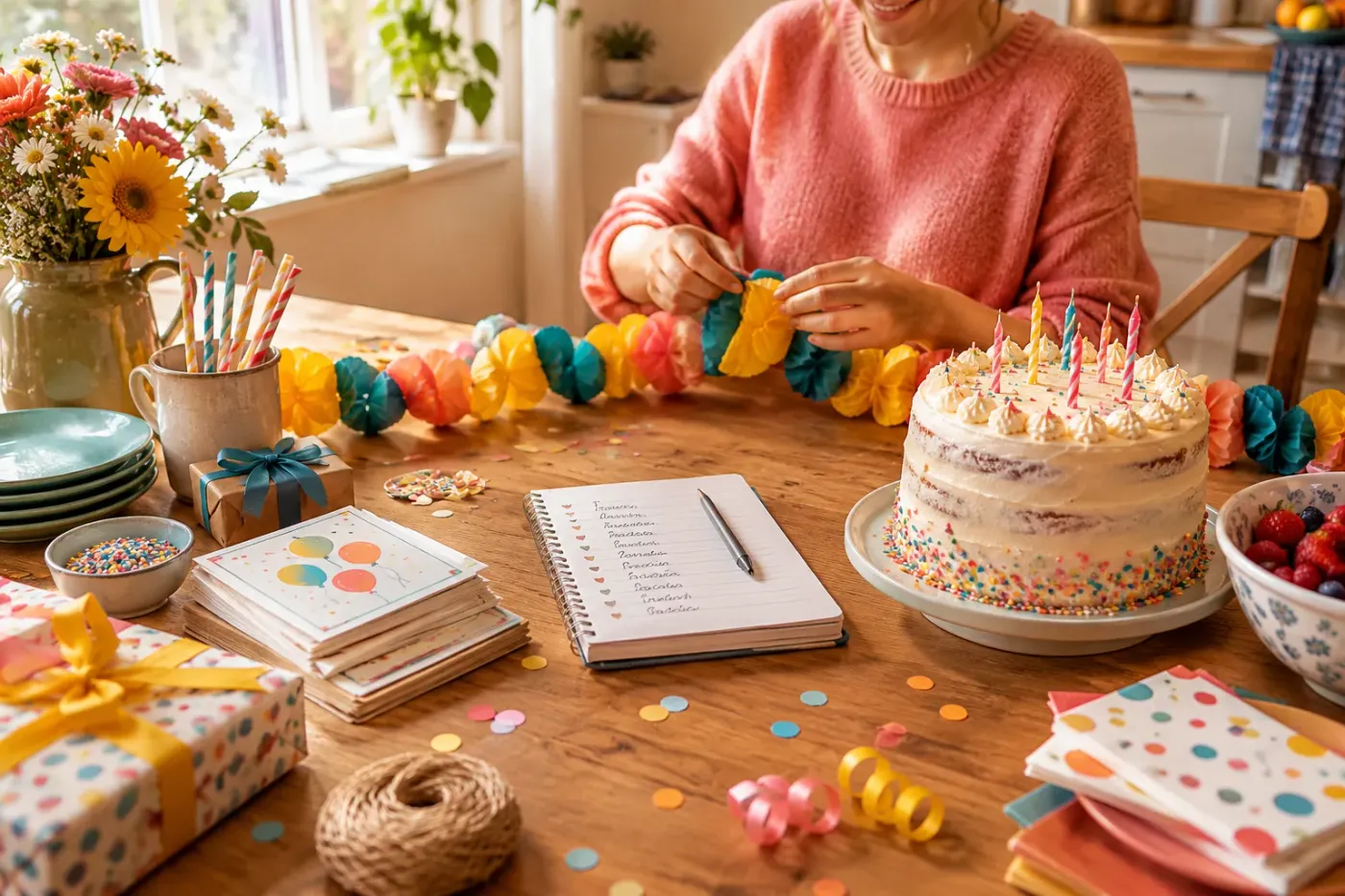 Keukentafel vol voorbereiding voor een kinderfeest: taart met kaarsjes, slingers en uitnodigingen