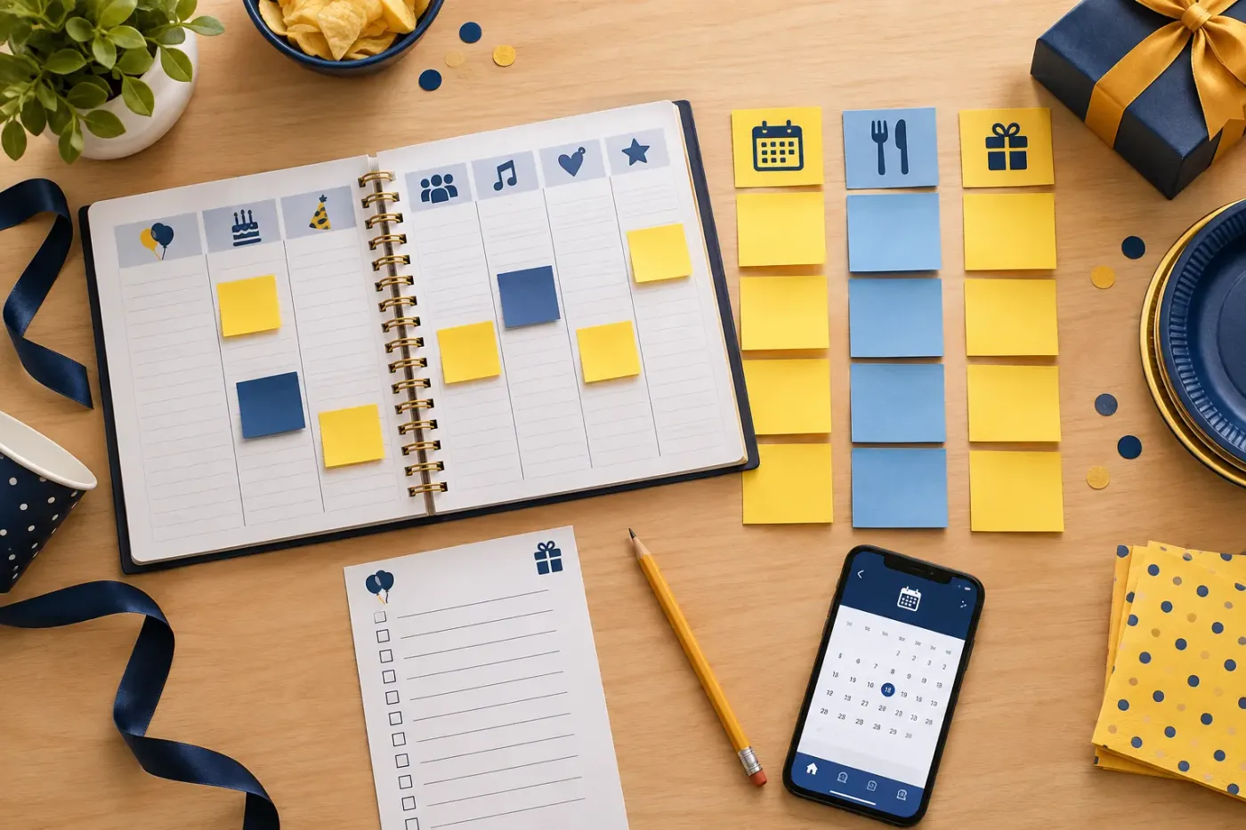Bovenaanzicht van een tafel met een planner, plakbriefjes, een telefoon met agenda en feestspullen