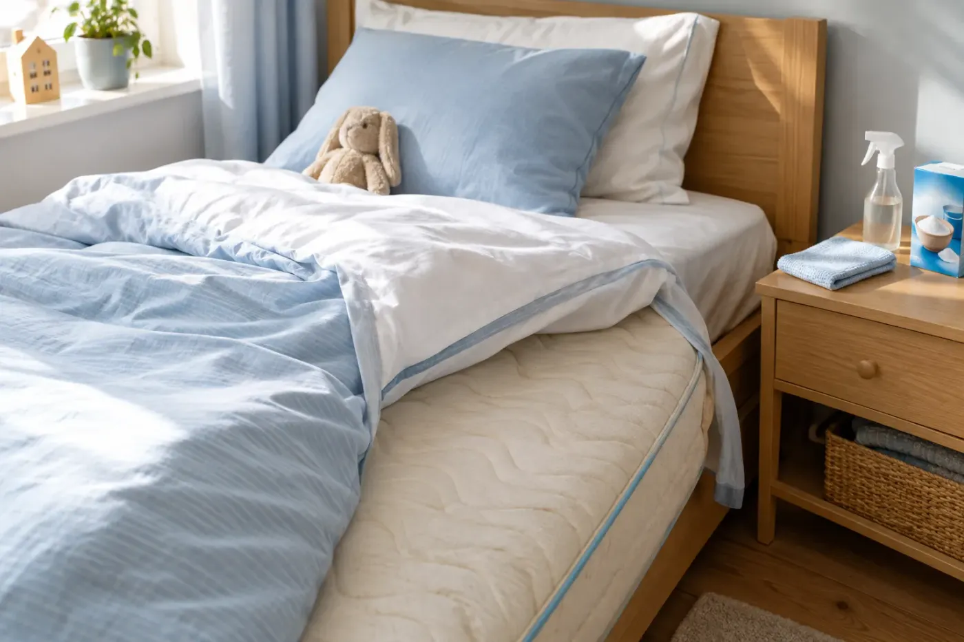 Kinderbed met lichtblauw beddengoed teruggeslagen, zodat het matras zichtbaar is, en een sprayfles op het nachtkastje