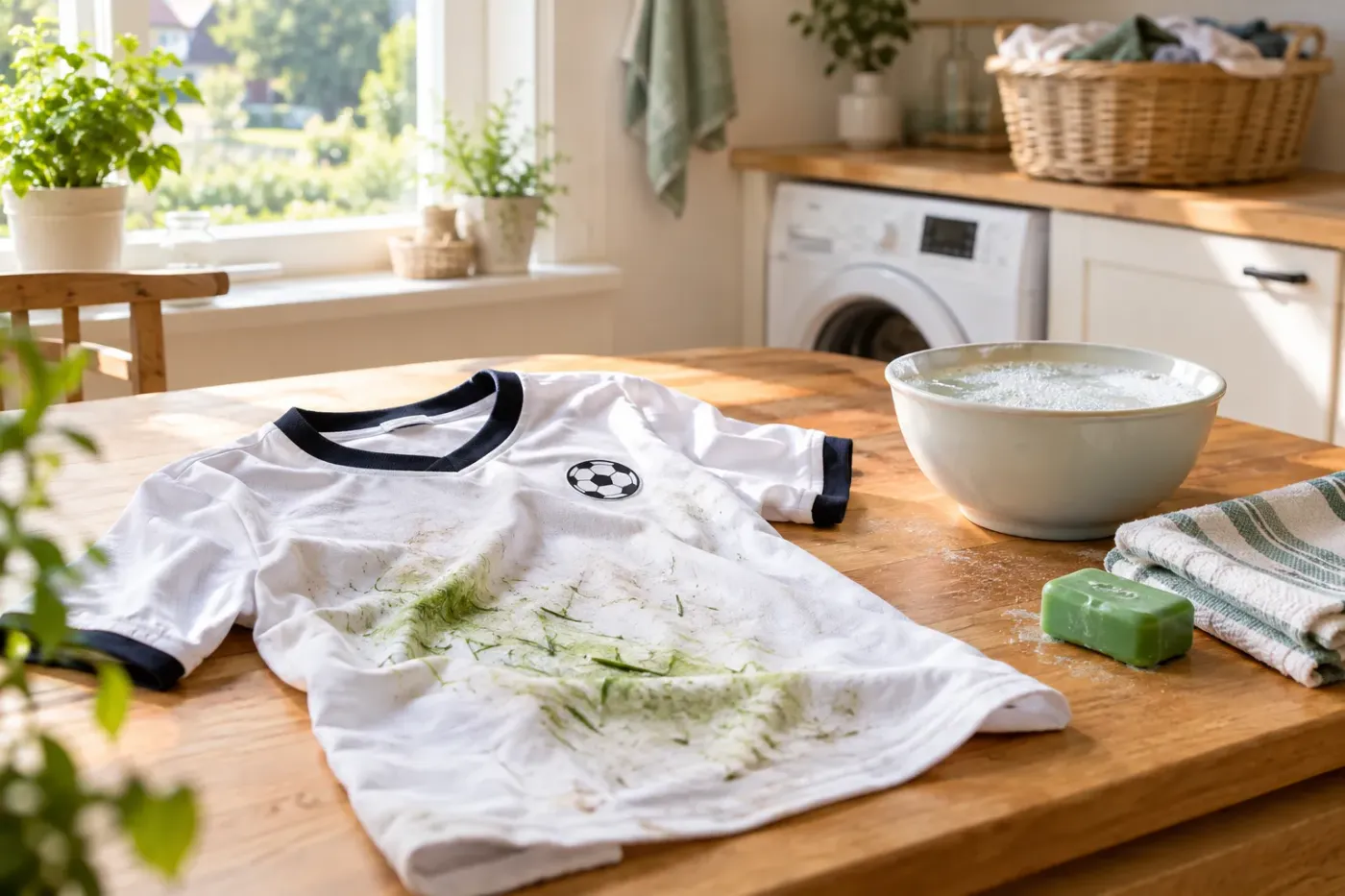 Wit voetbalshirt met grasvlekken op een houten tafel, met een kom sop, een blok groene zeep en een opgevouwen doek