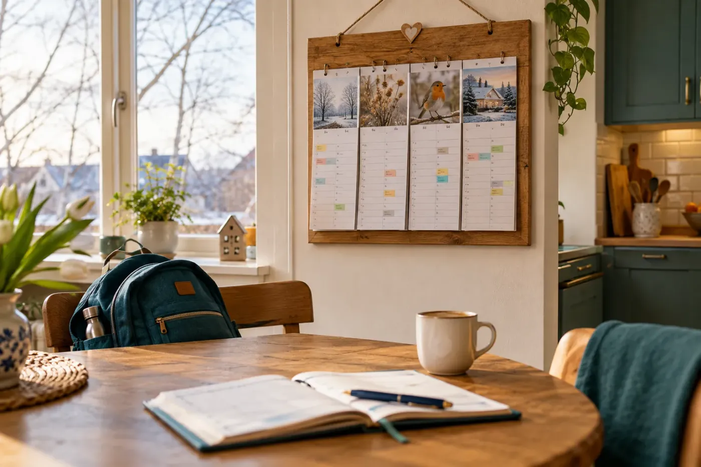 Warme keuken in de winter met een houten gezinskalender aan de muur, een open planner op tafel en een schooltas bij het raam