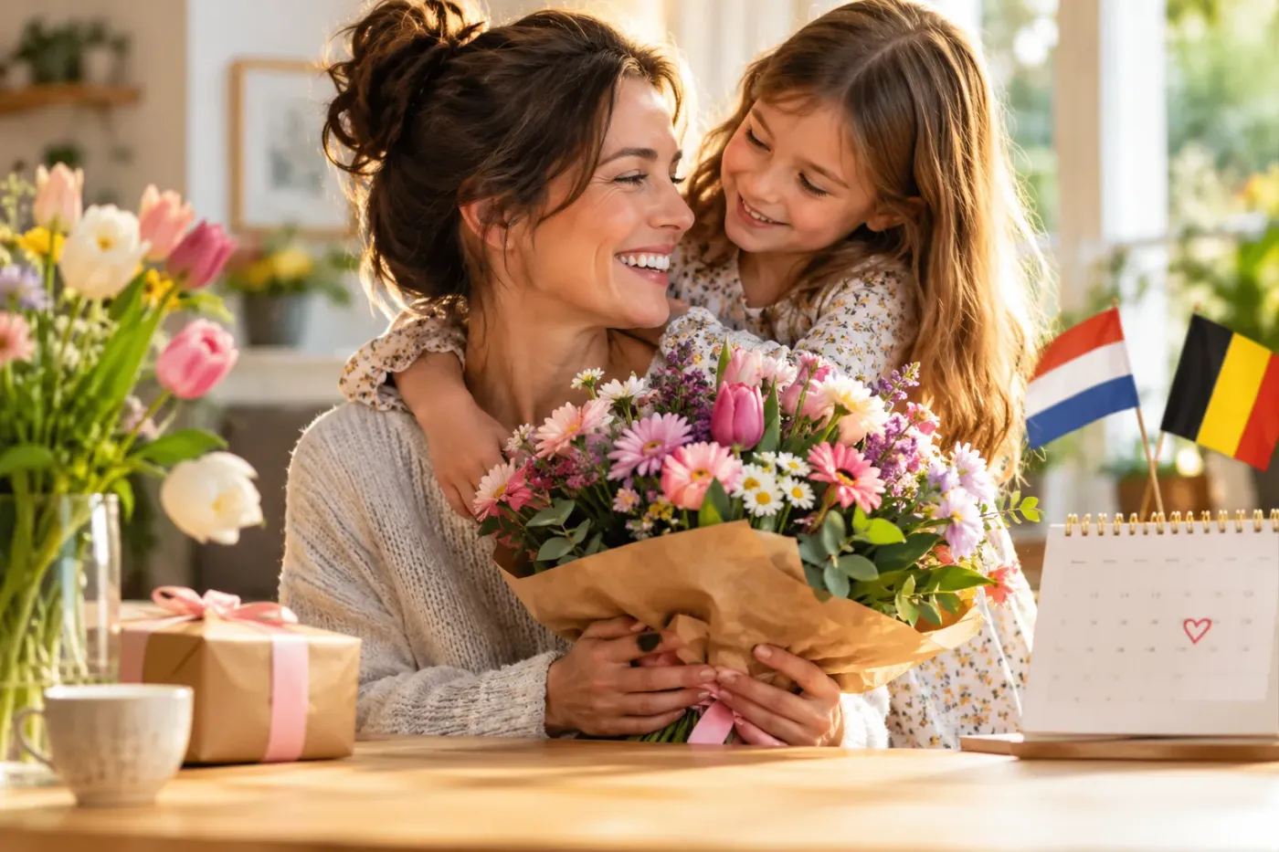Lachende moeder met een boeket bloemen en haar dochter die haar omhelst aan de keukentafel