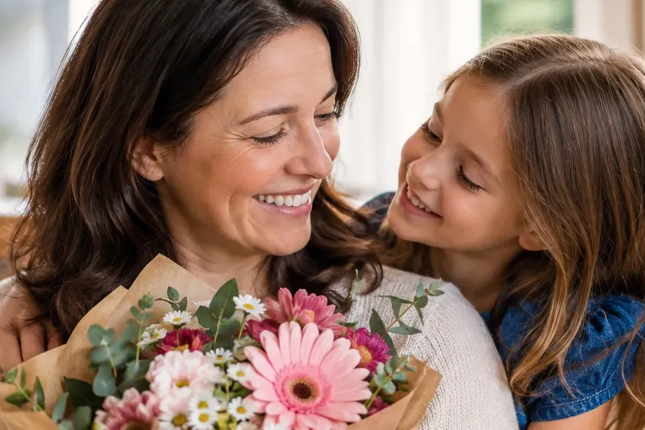 Moeder met een boeket bloemen en haar dochter die haar lachend aankijkt