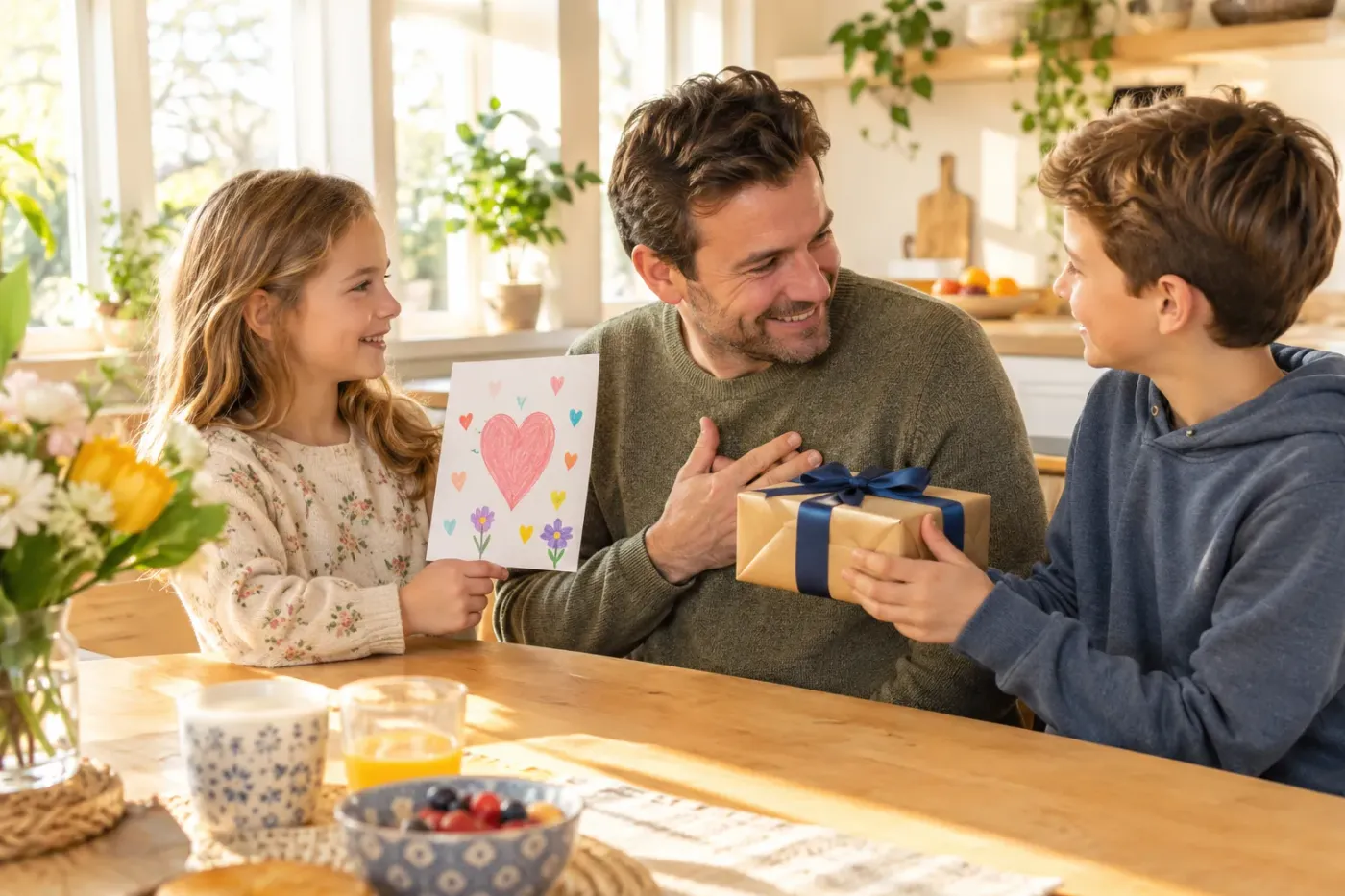 Vader aan de keukentafel die van zijn twee kinderen een zelfgemaakte kaart en een ingepakt cadeau krijgt
