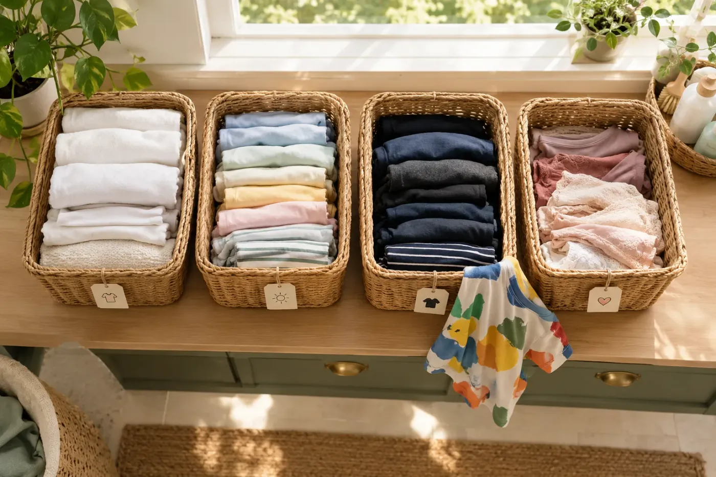 Vier rieten manden met opgevouwen was, gesorteerd in wit, licht, donker en fijne was, en een kindershirt over de rand