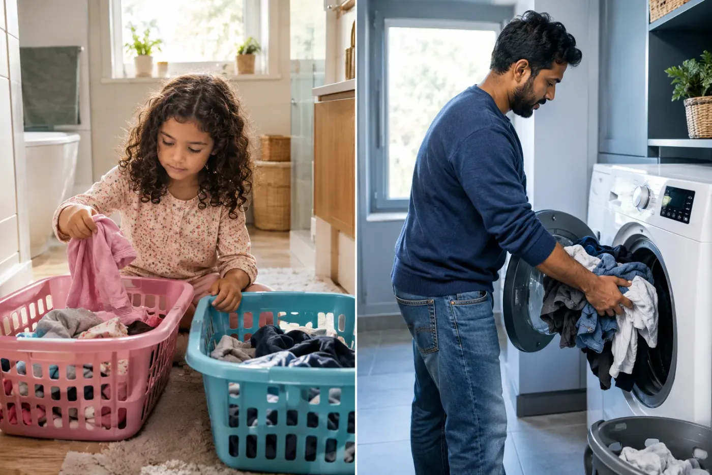 Meisje sorteert kleding in twee wasmanden terwijl een vader de wasmachine vult