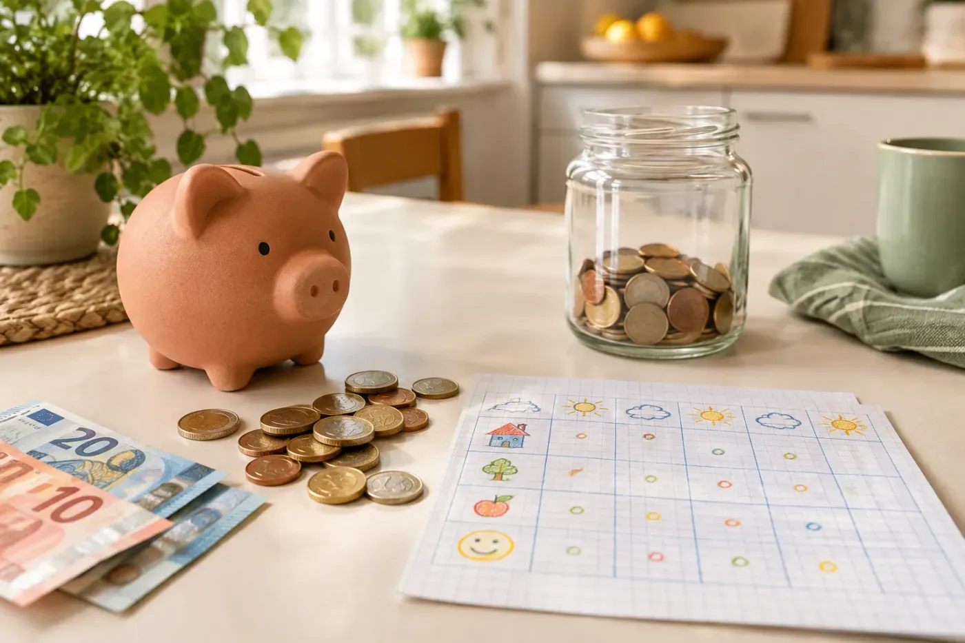 Spaarvarken, een pot met munten, losse euromunten en bankbiljetten naast een getekend weekschema op de keukentafel