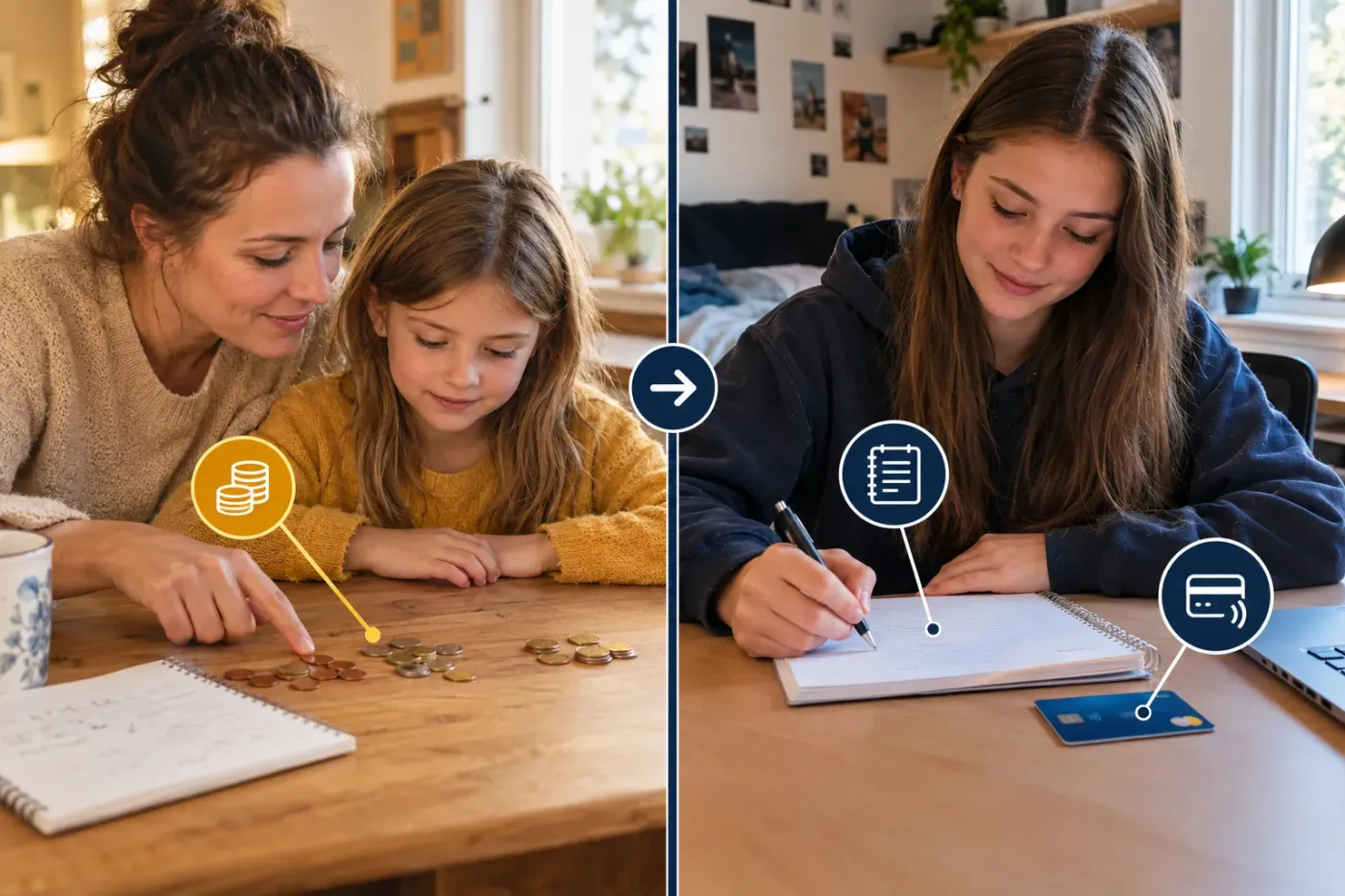 Moeder telt met haar jonge dochter muntstukken aan tafel, ernaast schrijft een tiener in een schrift met een bankkaart binnen handbereik