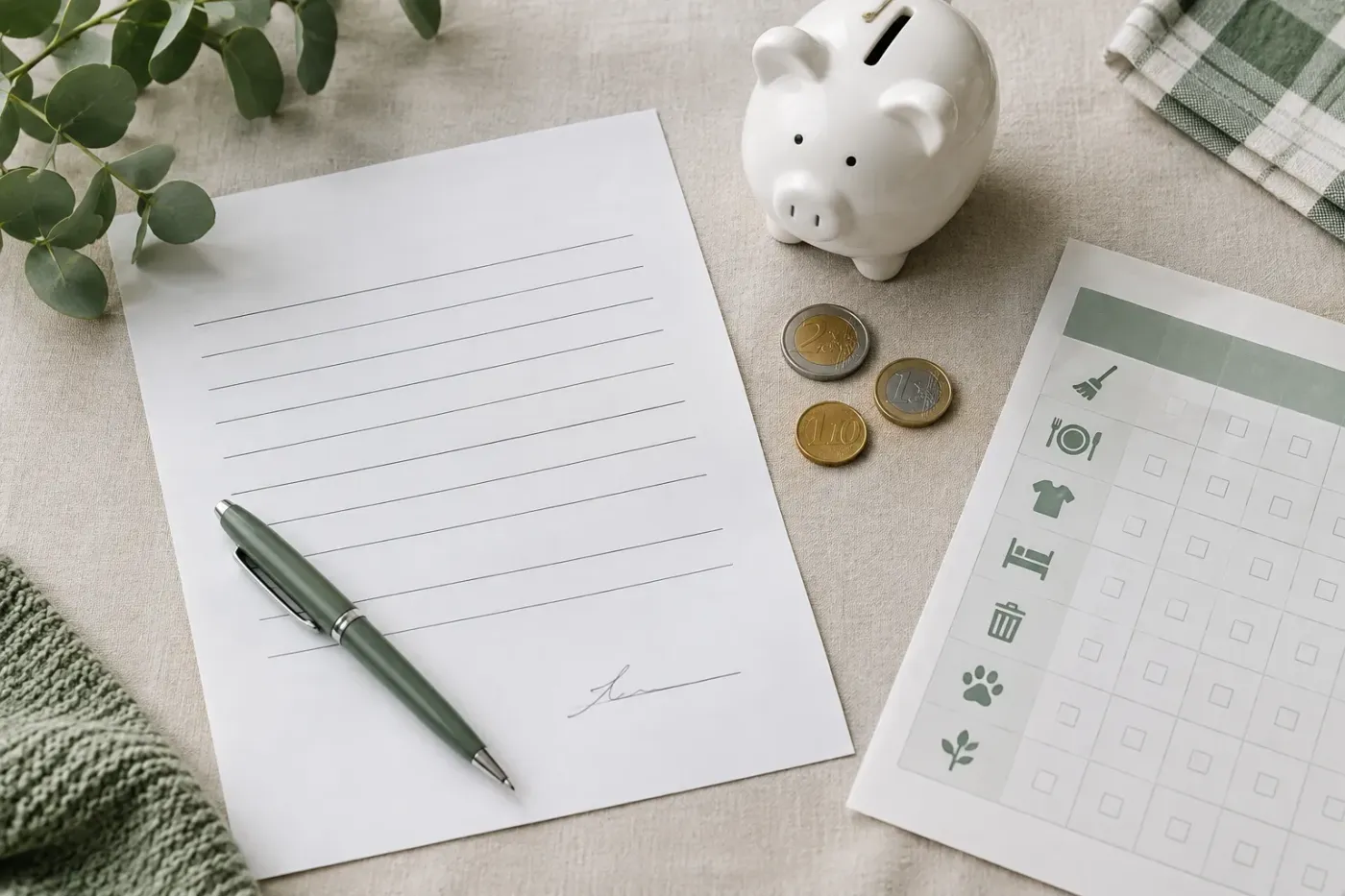 Leeg vel papier met pen en handtekeninglijn, een wit spaarvarken, drie euromunten en een takenlijst op tafel