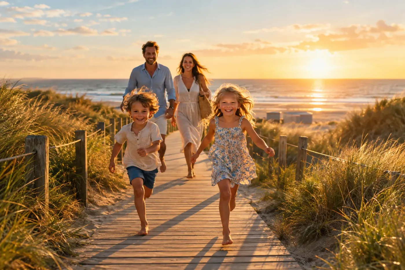 Gezin op een houten vlonderpad door de duinen richting zee, twee kinderen rennen lachend voorop in het licht van de ondergaande zon