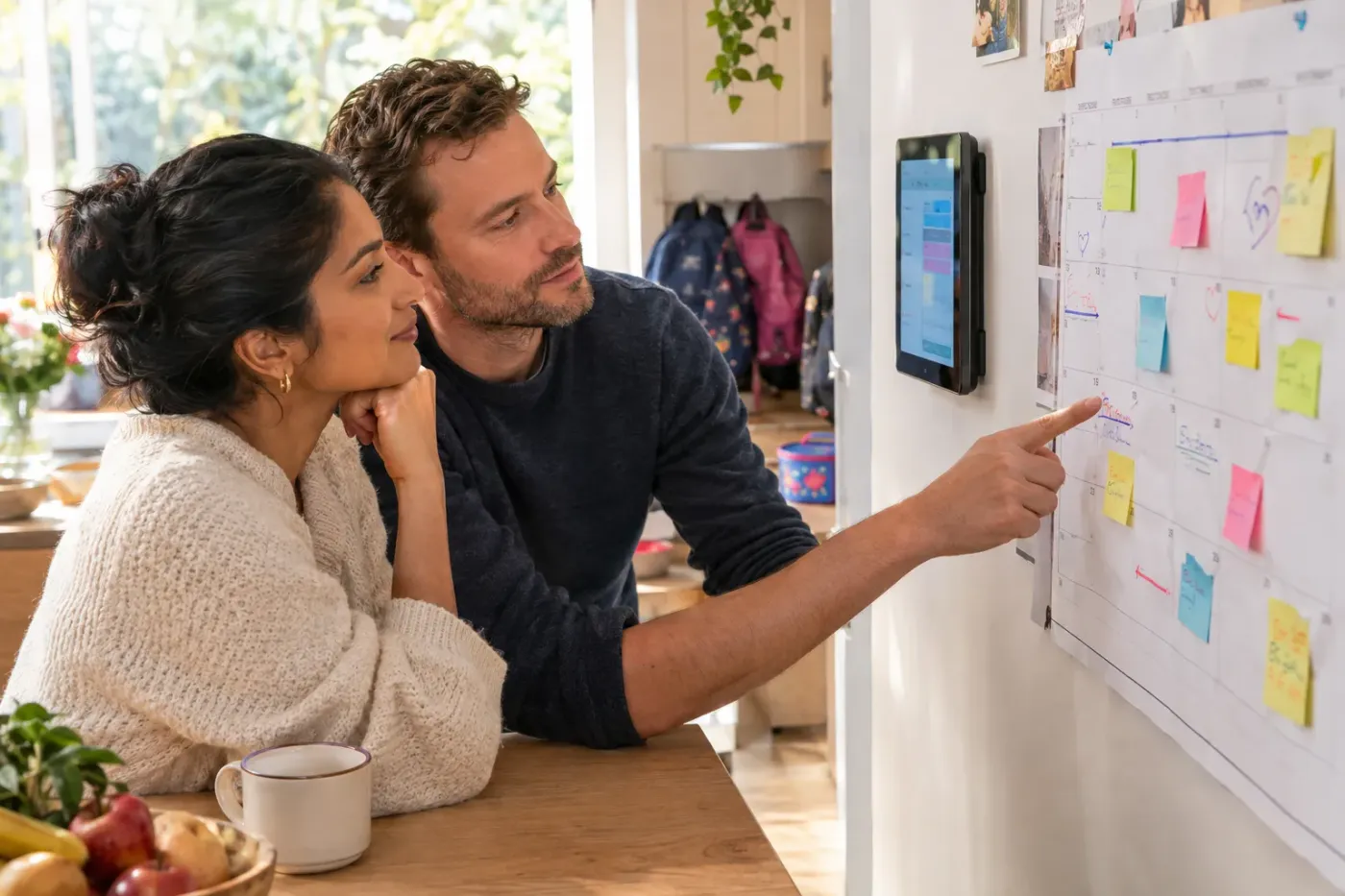 Een vader en moeder staan samen voor een grote papieren planning met gekleurde briefjes aan de keukenmuur, naast een tablet, en hij wijst een week aan
