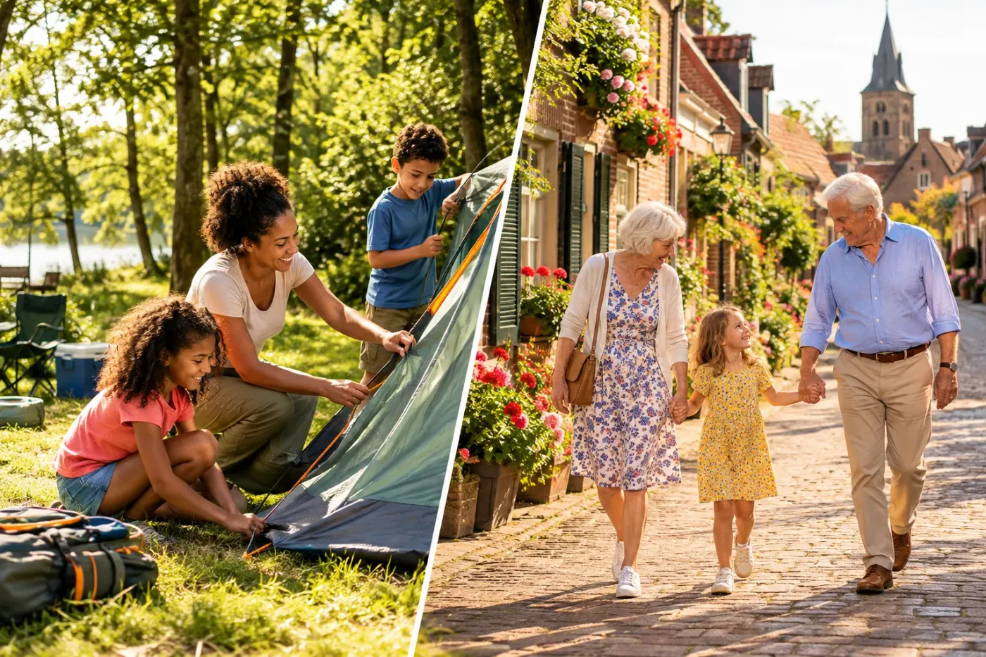 Links zet een moeder met twee kinderen een tent op aan de rand van een bos, rechts wandelen grootouders hand in hand met hun kleindochter door een zonnige dorpsstraat